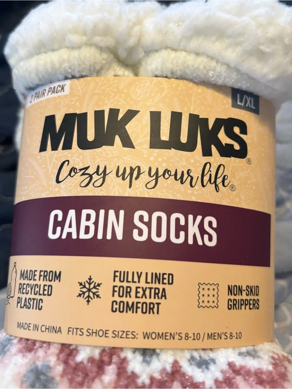Muk Luks ladies Cabin Socks - Cream, Pink & Gray Pattern l/xl size 8-10